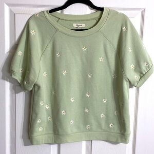 Madewell light green flower embroidered short sleeve sweater
